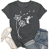Women's Dandelion T Shirts Cute Wildflower Graphic Tees Funny Nature Bird Print Summer Casual Short Sleeve Tee Tops