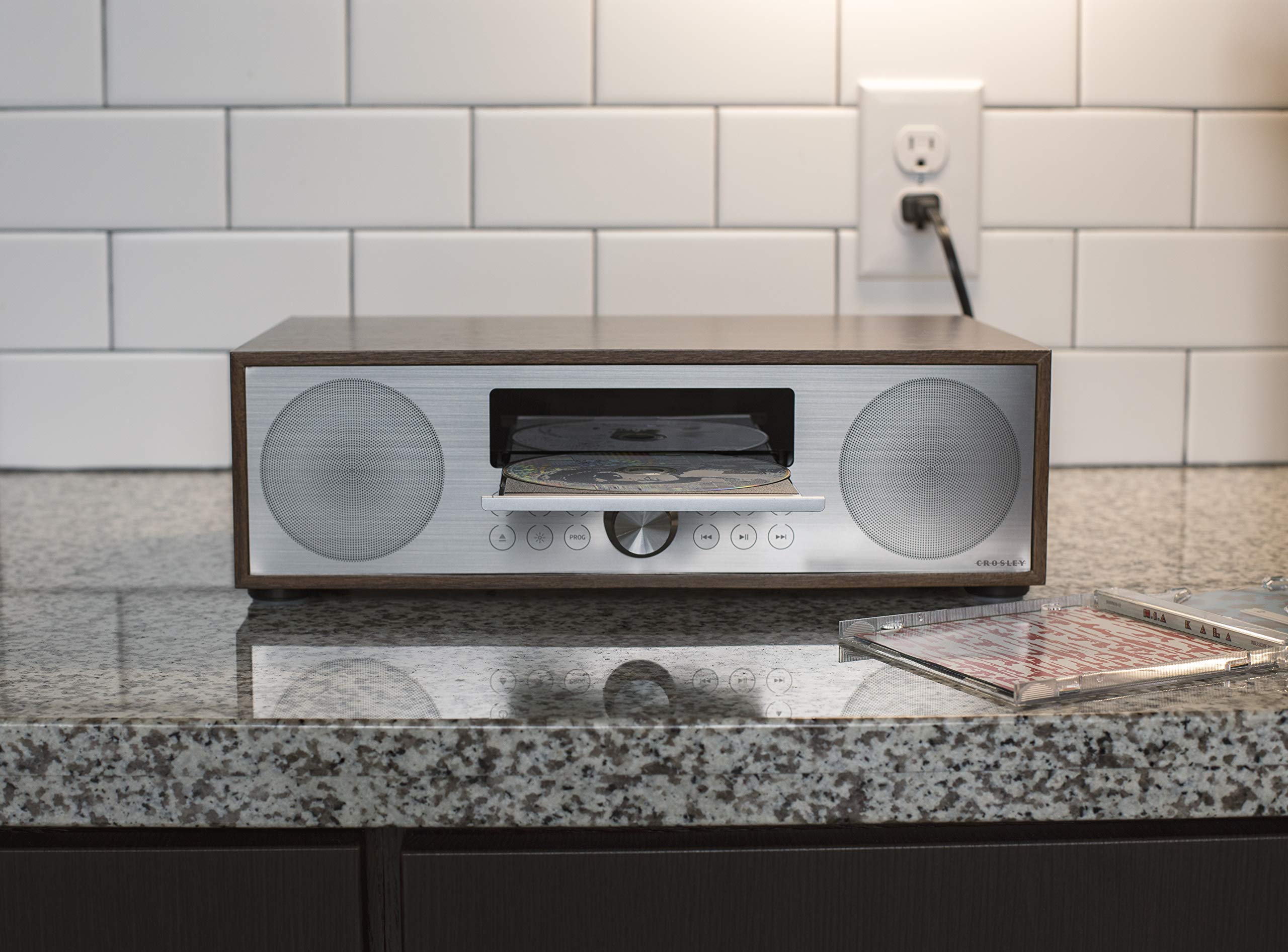 Crosley CR3501A-WA Fleetwood Bluetooth FM Clock Radio and CD Player, Walnut