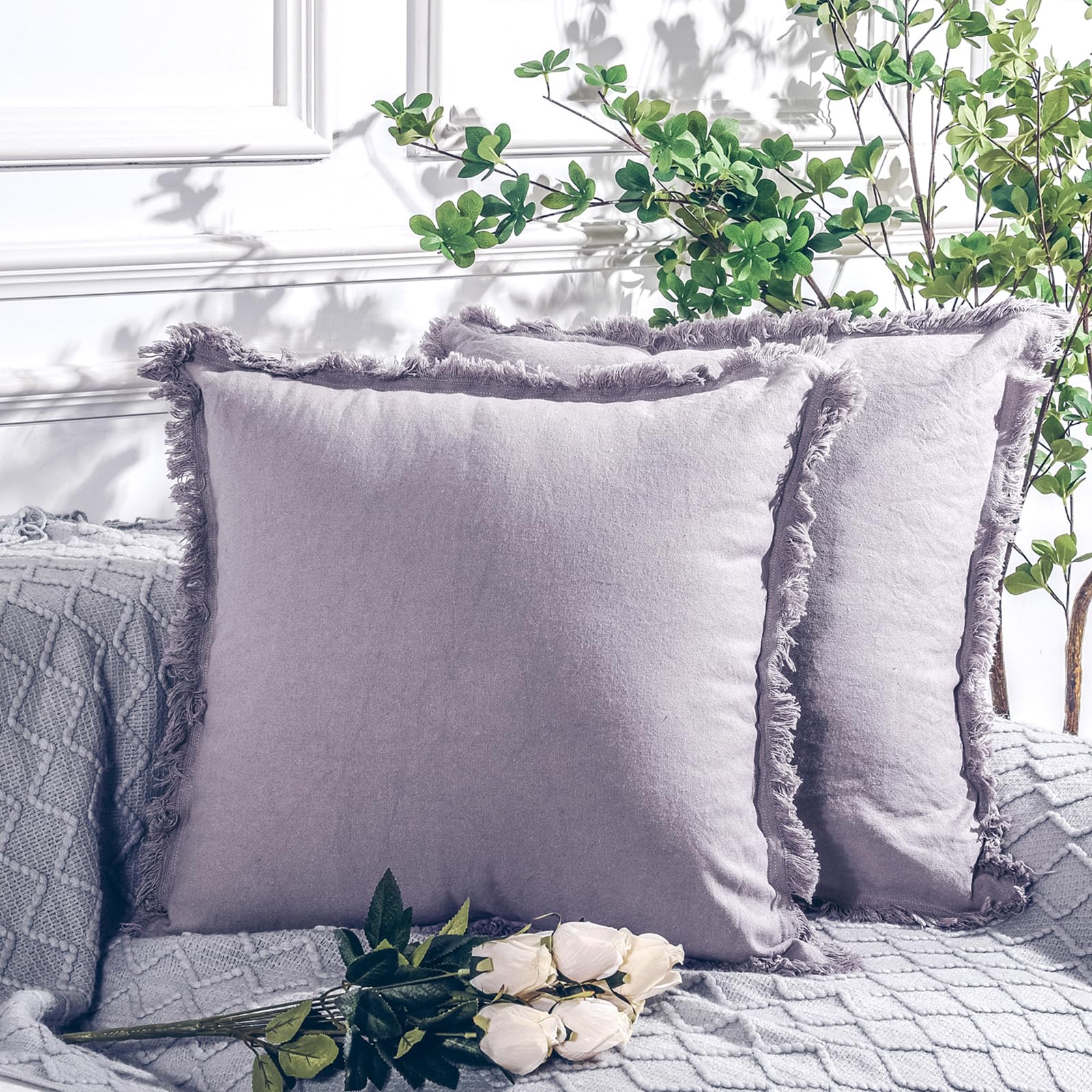 Photo 1 of NEXHOME PRO Boho Throw Pillow Covers for Couch Set of 2 26"x26", Handmade Decorative Linen Pillow Covers for Bed, Sofa, Living Room, Farmhouse Fringed Cushion Covers, Grey (Insert Not Included)