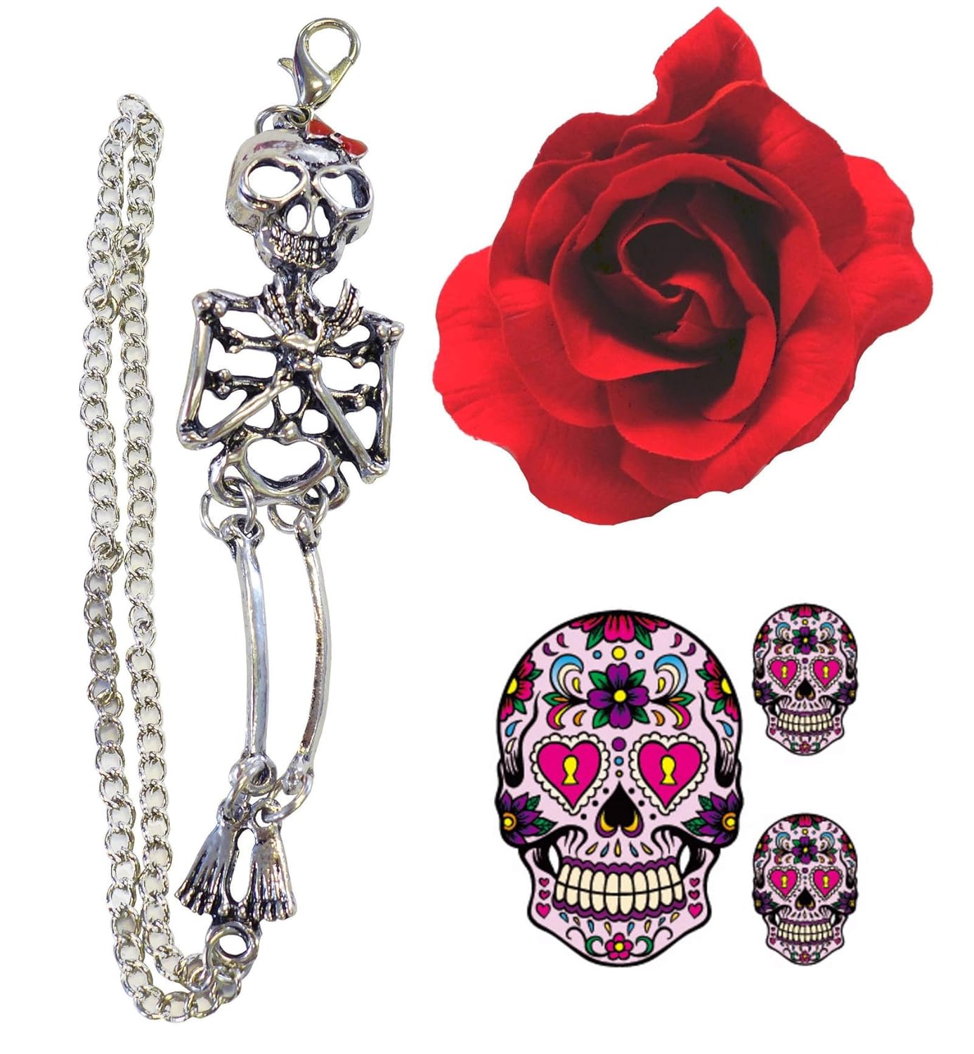 Buy Day Of Dead Gothic Skeleton Bracelet Red Hair Rose Free