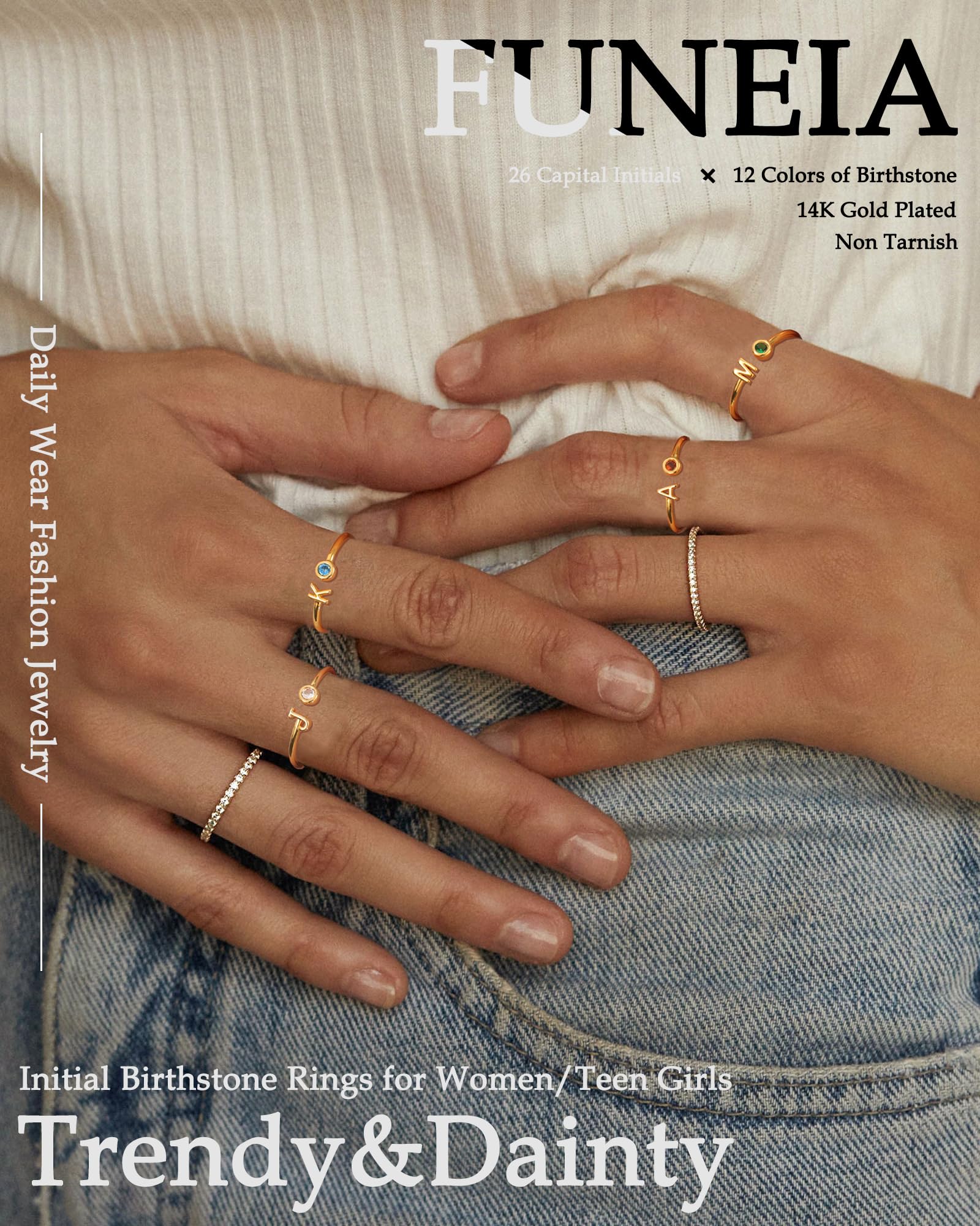 FUNEIA Initial Birthstone Rings for Women Non Tarnish Trendy Stackable Dainty Gold Letter Adjustable Emerald Green Cubic Zirconia Ring for Mothers Daughter Birthday Bridesmaid Gifts Jewelry