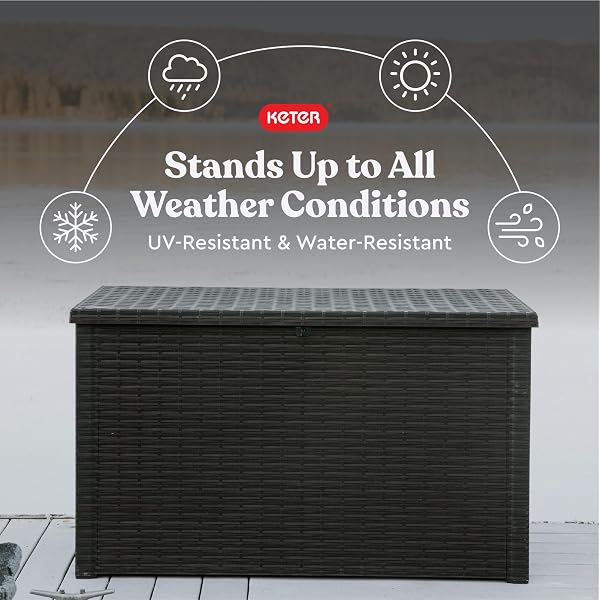 KETER JAVA XXL 230 GALLON RESIN RATTAN LOOK LARGE OUTDOOR STORAGE DECK BOX FOR PATIO FURNITURE CUSHIONS, POOL TOYS, AND GARDEN TOOLS, DARK GREY