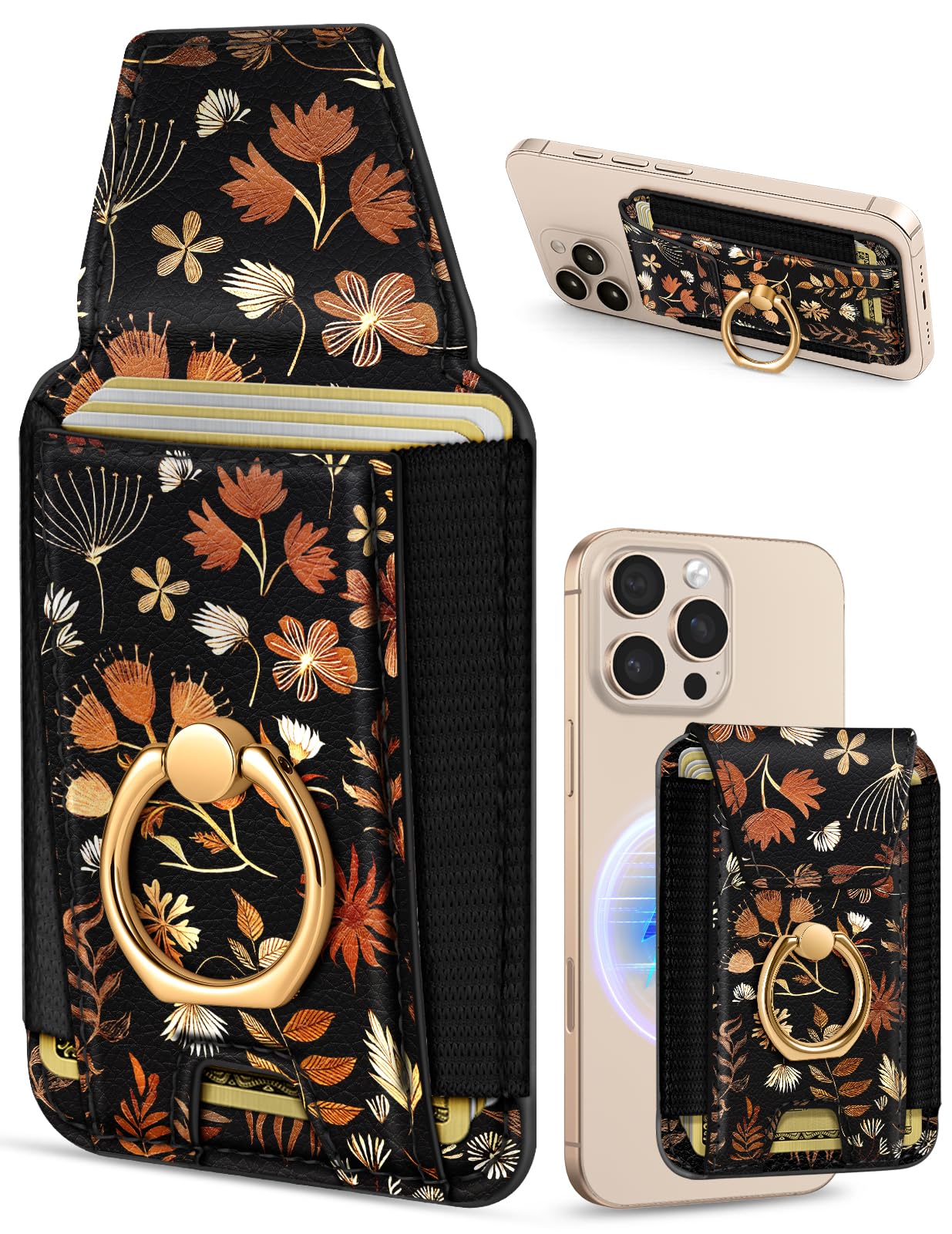 Photo 1 of Shorogyt Compatible with Magsafe Wallet with Grip Magnetic Card Holder - Cute Phone Wallets with Ring Stand Grip for iPhone 17/16/15/14/13/12 Series for Women Girls Black Leaves Design, Fit 7 Cards
