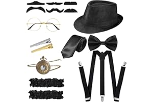 SATINIOR 1920s Old Men Costume Roaring Retro Accessories Set Gangster Hat Bow Tie Pocket Watch Suspender Glass Beard Tie Clip
