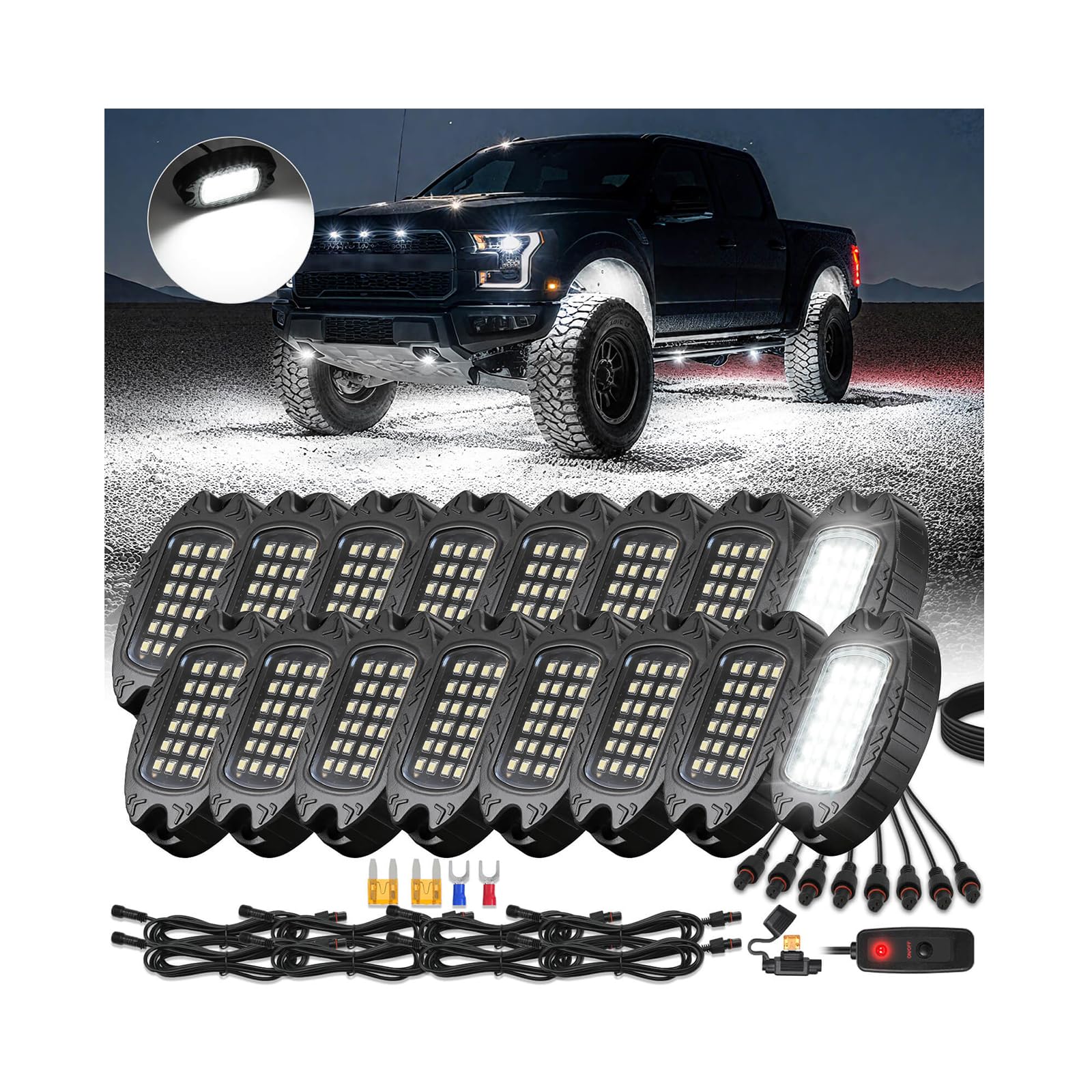Photo 1 of 16Pods Aluminum Housing Plug and Play All Pure White LED Rock Lights Kit with Switch Harness Wiring Extension, Quick Connect 6500K Metal Underglow 12V Waterproof for Semi Trucks Pickup Jeep Offroad RV
