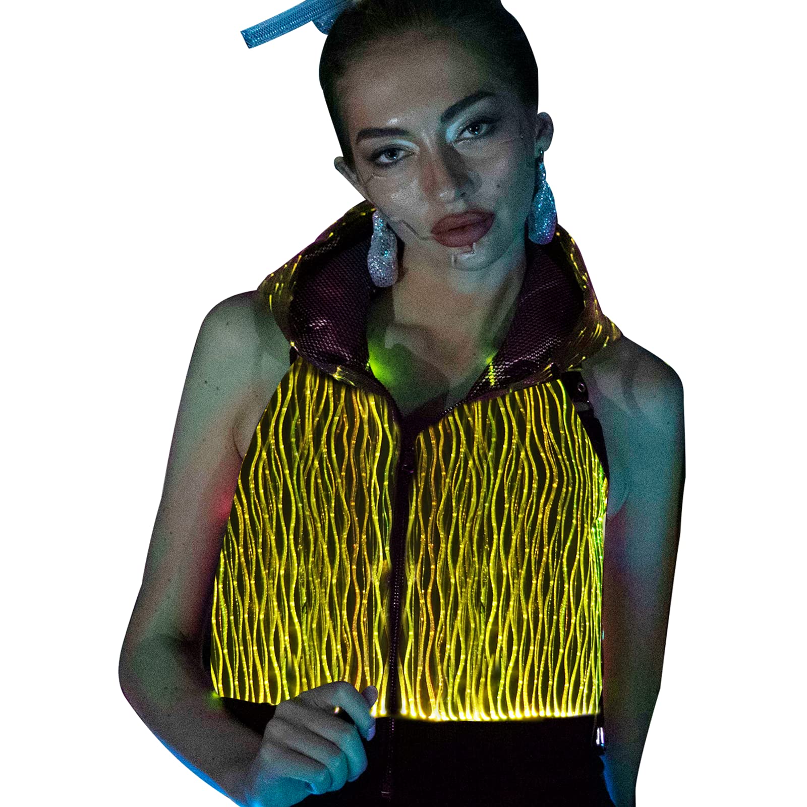 Photo 1 of lumisonata Women Sleeveless Hoodies Vest Light Up Tank Zip up Hooded Crop Tops Rave Outfits Music Festival LED Clothing L