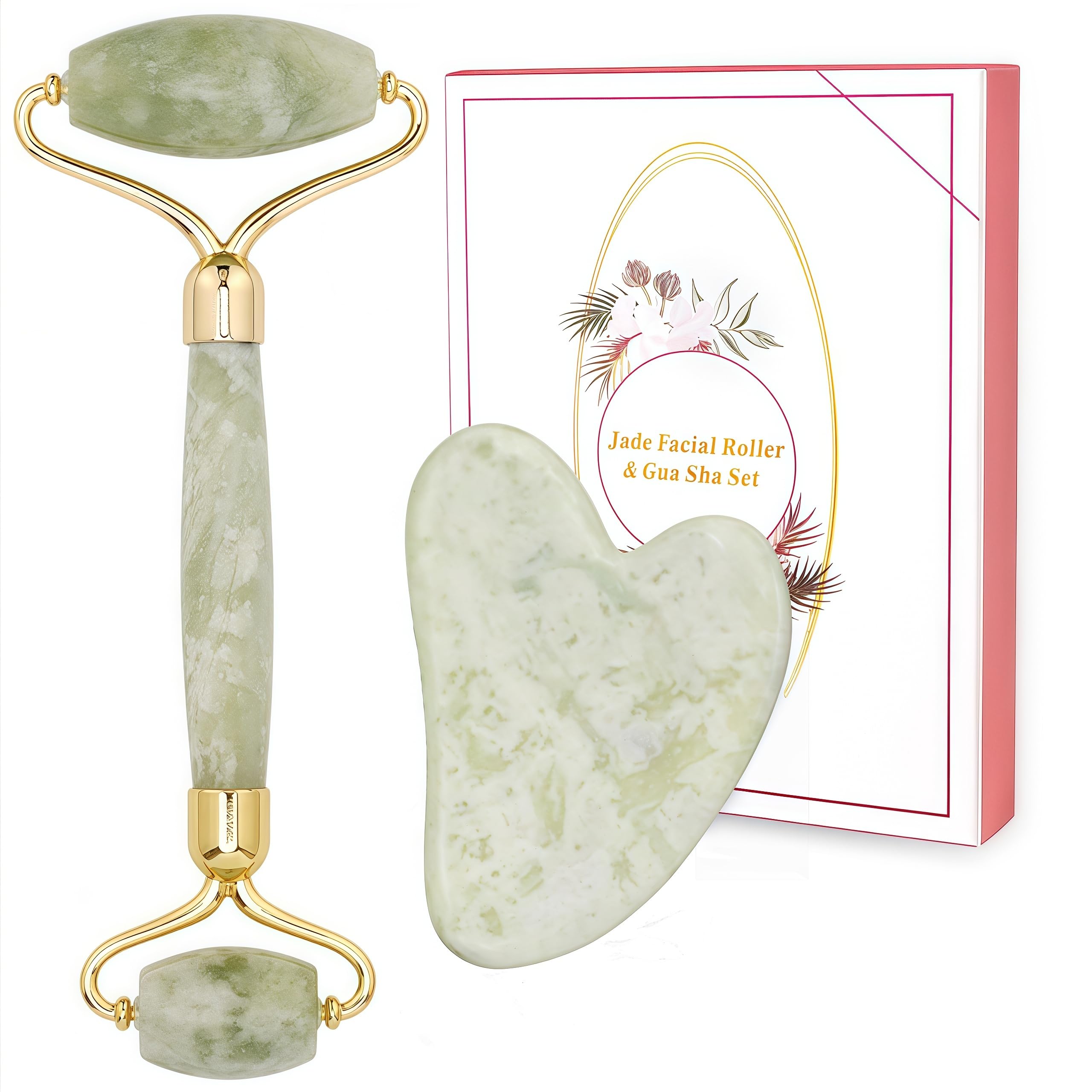 Gua Sha and Jade Roller Set, Face Roller, Face Massager Jade Stone Facial Roller for Eye Puffiness Treatment, Skin Tightening, Rejuvenate Face & Neck