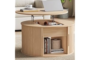 LINSY Lift Top Coffee Table, Round Fluted Coffee Table with Storage, Boho Wooden Coffee Tables with Sliding Tambour Door, 31.5" Center Table for Living Room, Office, Small Space, Natural Oak