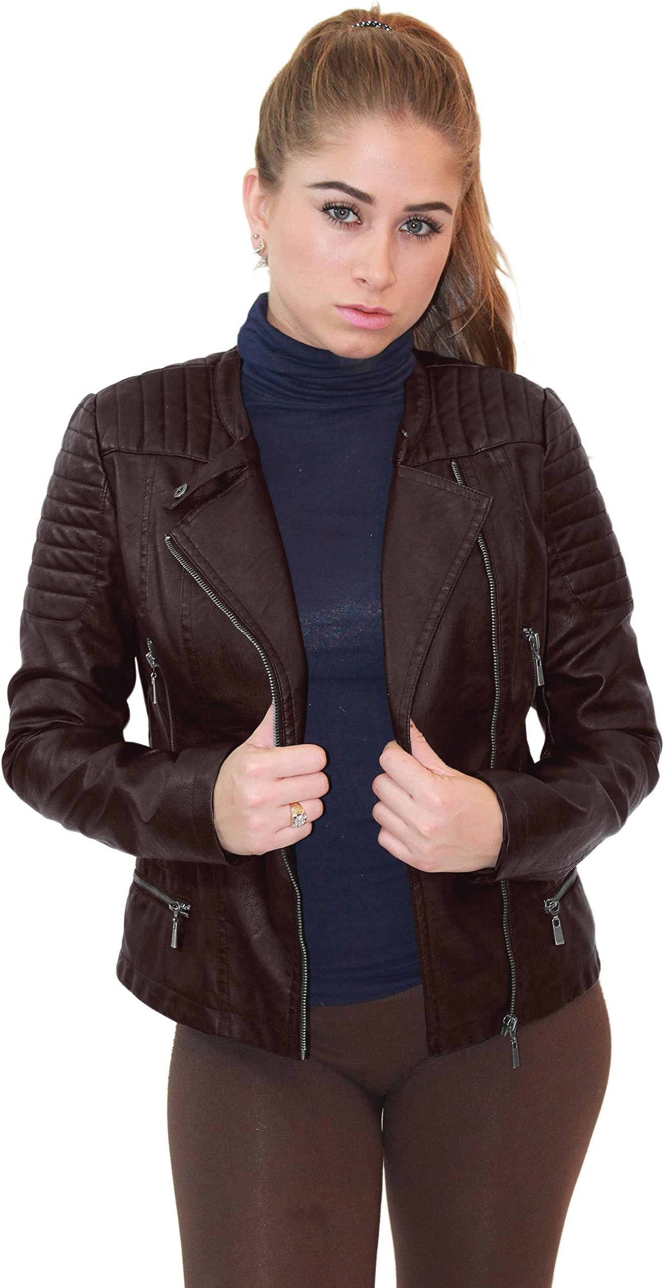 Women's Faux Leather Moto Biker Jacket with Pockets