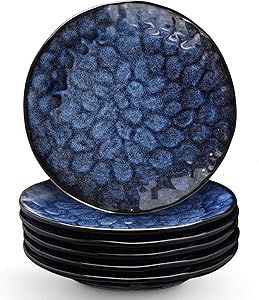 Vicrays Ceramic Dinner Plates Set, 10.5 Inch, Set of 6, Round, Microwave, Oven, Dishwasher Safe, Scratch Resistant, Porcelain Fluted Suitable for Steak, Pasta, Pizza, Home, Party, Restaurant (Blue)