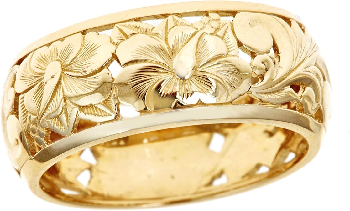 Hawaiian Heirloom Jewelry 14k Yellow Gold Cut Out Hibiscus Dome 8mm Ring (13) Jewelry