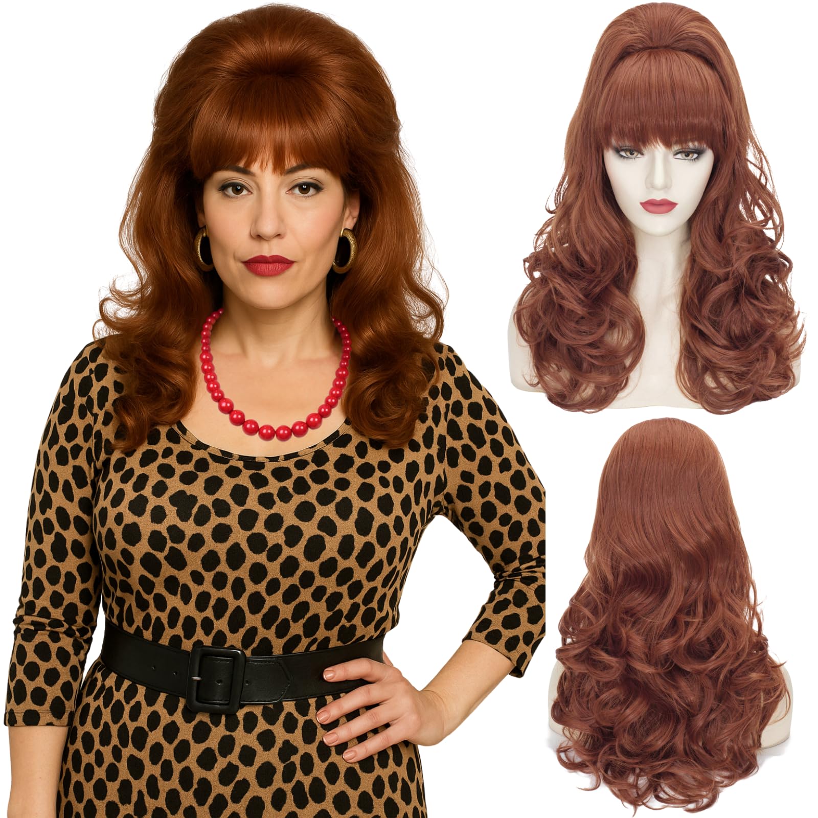 Photo 1 of Brown Beehive Wigs for Women, Auburn Vintage Bouffant Wig, Long Copper Curly Victorian Fembot Wig 50s 60s 70s for Women for Halloween Costume Party + Cap