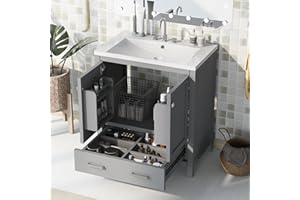 Linique 30" Modern Bathroom Vanity with Sink Combo Set, Solid Wood Frame Bathroom Storage Cabinet with 2 Soft Closing Doors and a Drawer, Multifunctional Storage, Grey