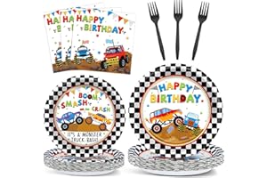 NAOZINEBI Monster Truck Party Tableware Set Monster Truck Plates and Napkins Car Birthday Party Supplies Decorations for Kids Boys Black and White Checked Theme Birthday Supplies Serves 24