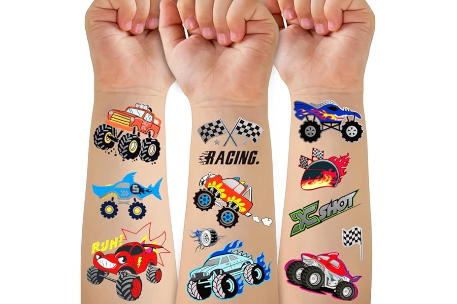 75PCS Toddler Tattoos Hot Wheels Birthday Decorations Hot Wheels Party Favors, Kids Tattoos Temporary for Boys Monster Truck Racing Car Flag Fake Tattoo Stickers