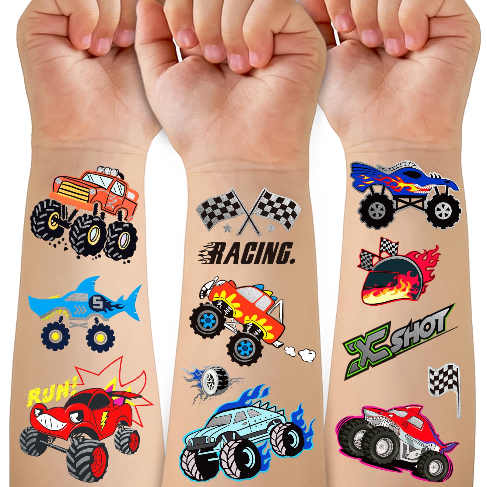 Photo 1 of 75PCS Toddler Tattoos Hot Wheel Birthday Decorations Hot Wheels Party Favors, Kids Tattoos Temporary for Boys Monster Truck Tattoo Halloween Tattoo Racing Car Flag Stickers