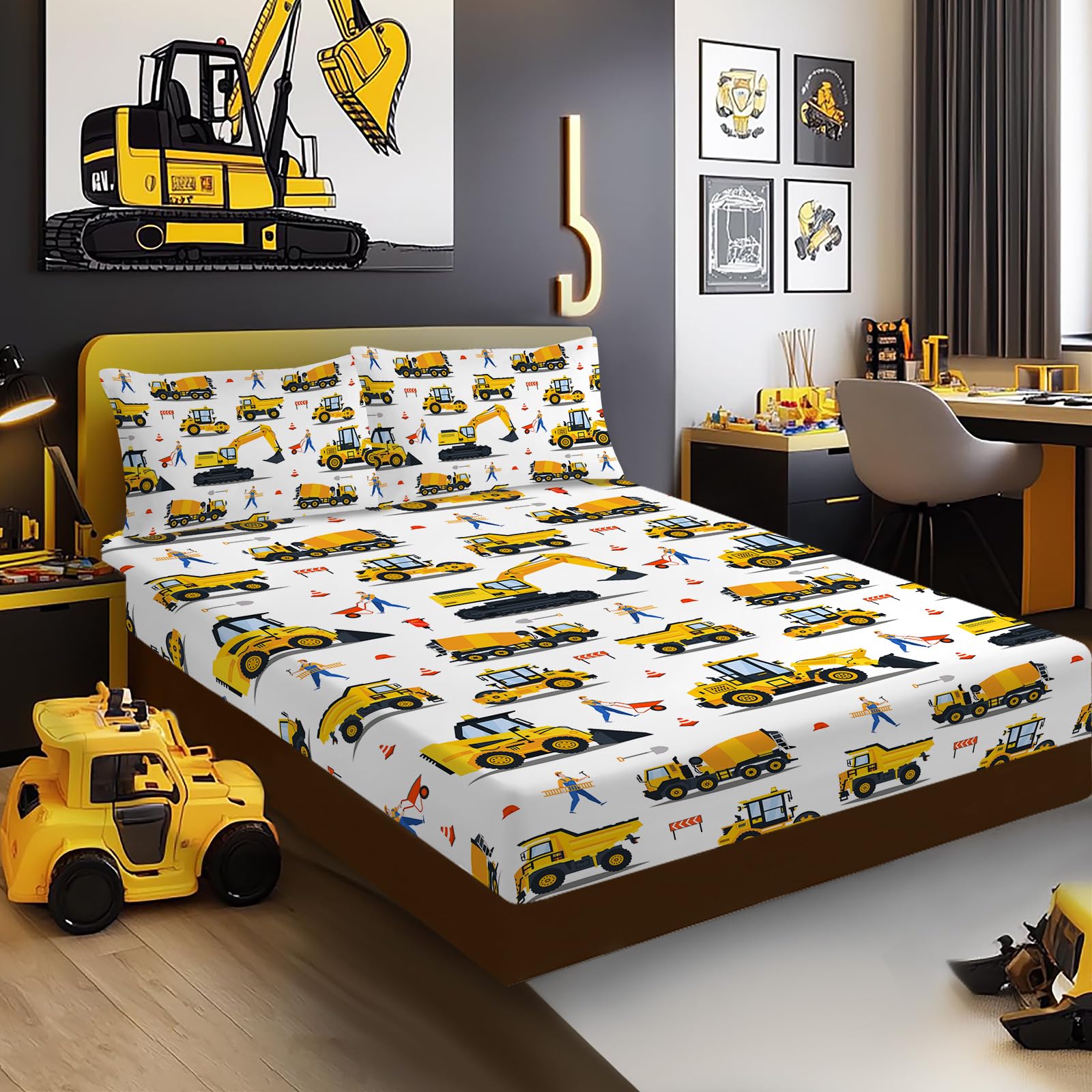 Photo 1 of Yasida Full Size Bed Sheets Boys Full Car Fitted Sheet Cartoon Excavator Truck Lifter Bedding 3D Printed Washable Machines Sheets with 1 Fitted Sheet + 2 Pillowcases