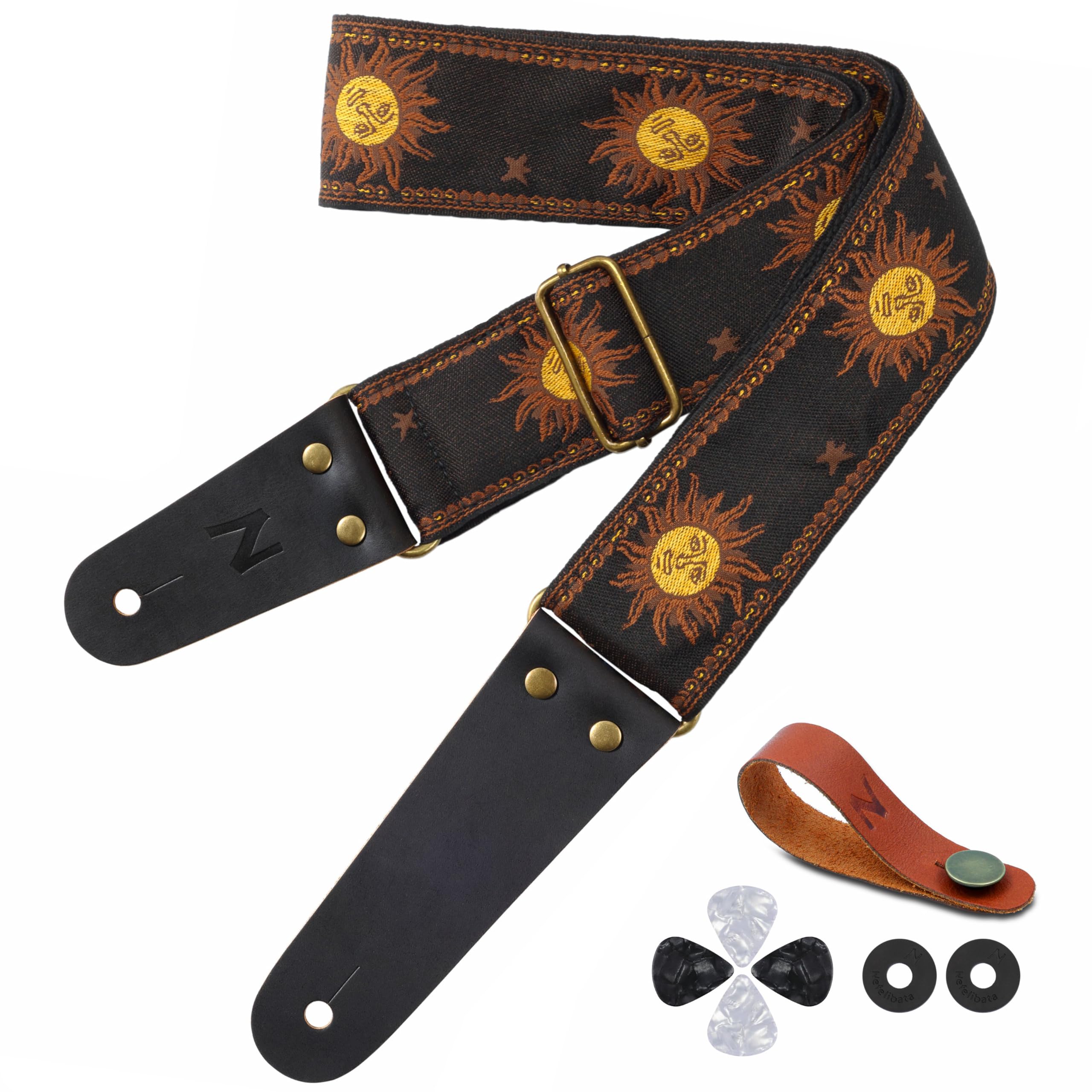 Nefelibata Guitar Strap, Sun Embroidered Cotton Guitar Strap with Genuine Leather Ends for Bass, Electric and Acoustic Guitars, Free Buckle, 1 Pair of Strap Locks and 4 Guitar Picks