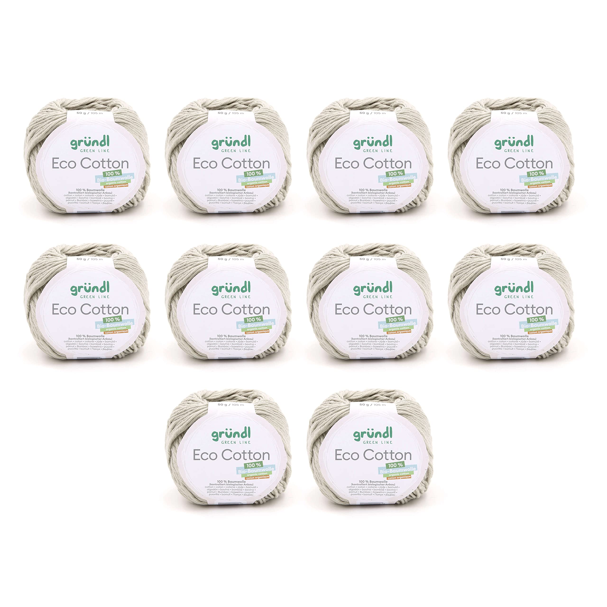 Gründl Eco Cotton Wool - Wool for Crochet - Wool for Knitting - Crochet Yarn - Soft and Skin Friendly - 100% Organic Cotton - 10 Balls 50 g / 105 m - Needle Size 3.5-4.5 - Pastel Natural