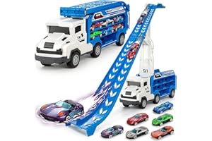 BainGesk Truck Car Toys for 3, 4, 5, 6 Years Old Boys Girls, 25 in Race Track Truck Toys, Foldable 2 Layer Carrier Transport Car with 6 Metal Cars, Birthday Toys Gifts for Toddler