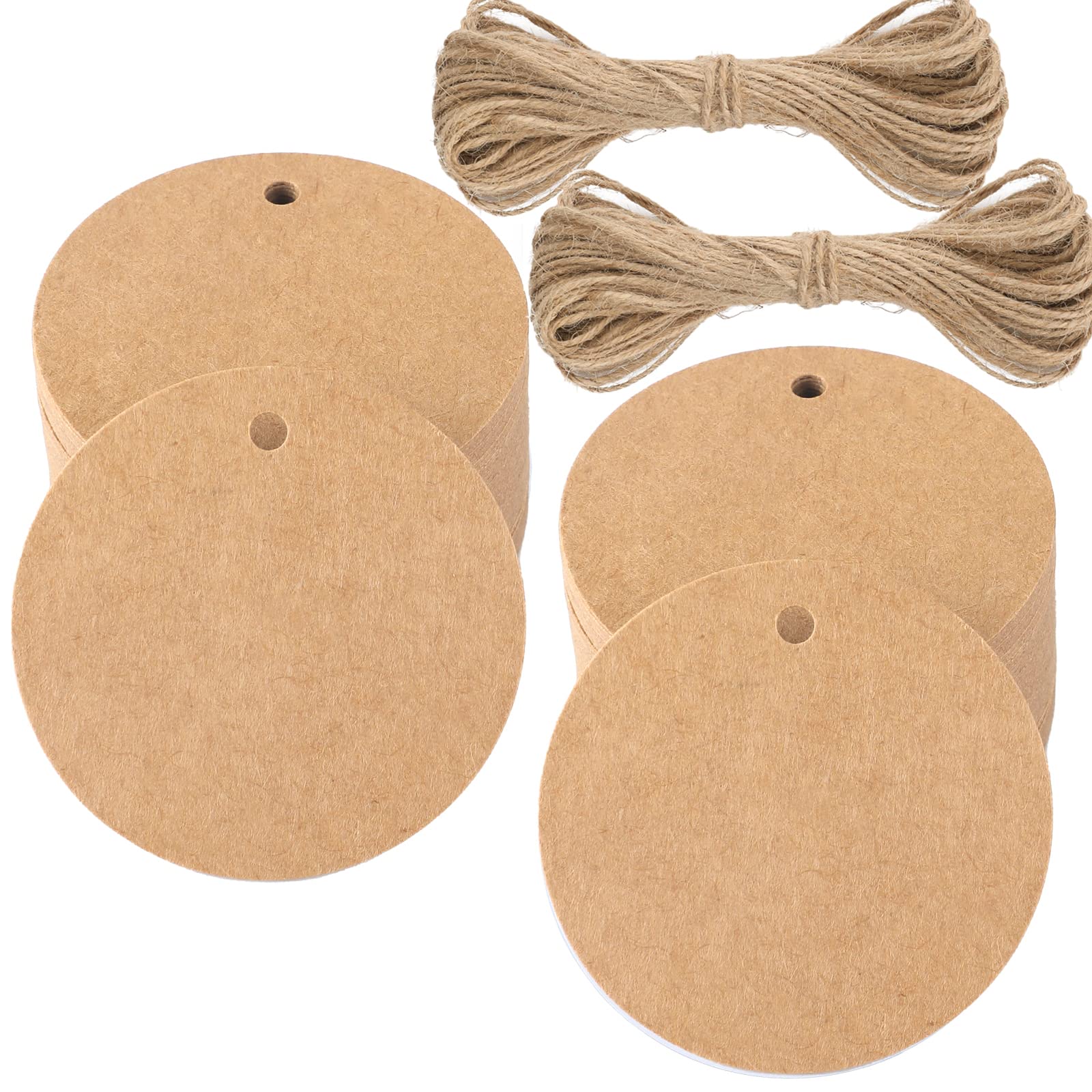 G2PLUS 5.5 CM Brown Round Gift Tags: 100PCS Kraft Paper Labels, Blank Hang Tags with Jute String for DIY Crafts, Small Business, Wedding, Thank You, Packaging