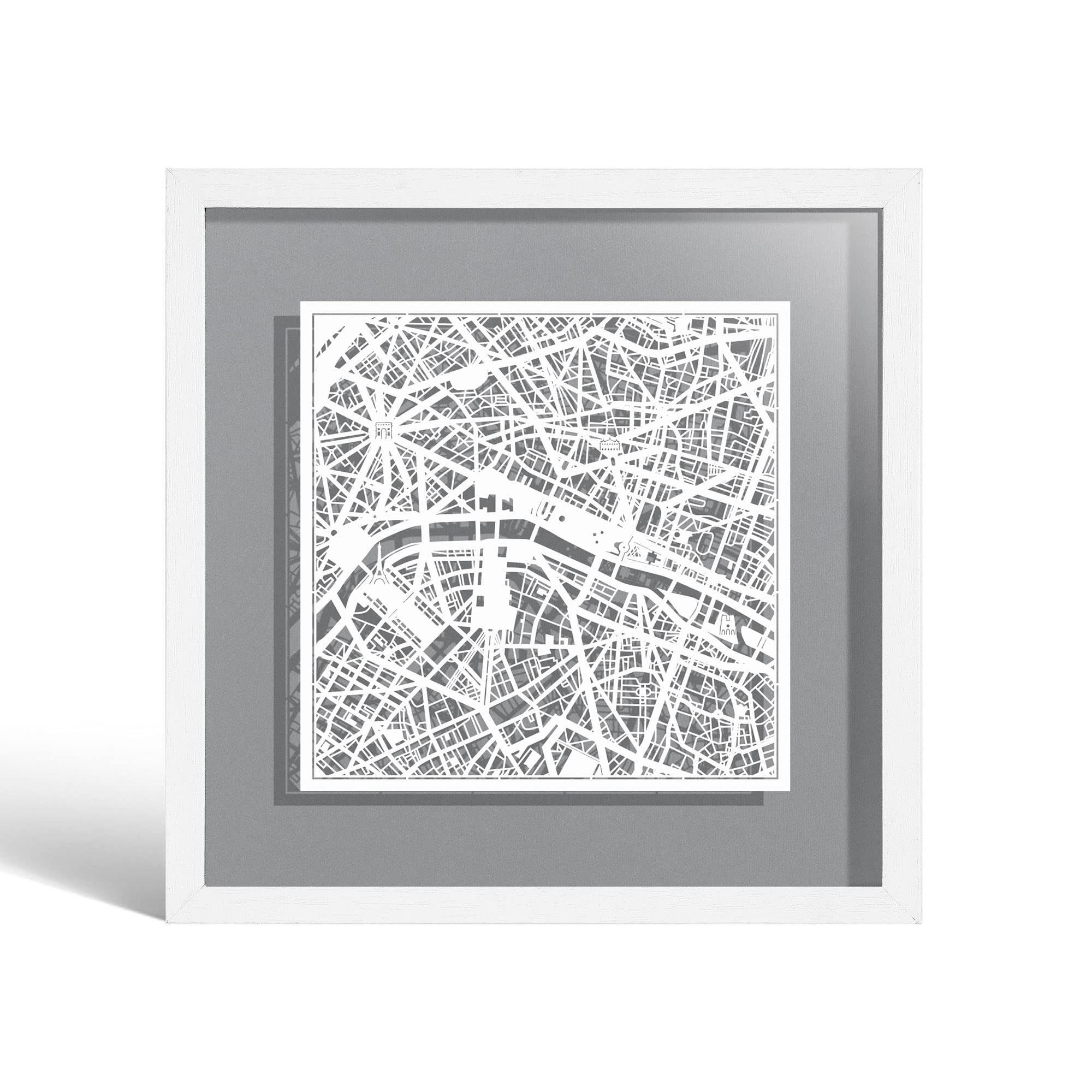 O3 DESIGN STUDIO Paris Paper Cut Map framed, White map, White frame, 9x9 inches, Gift Boxed, 4 background color, self-changing, Paper Art