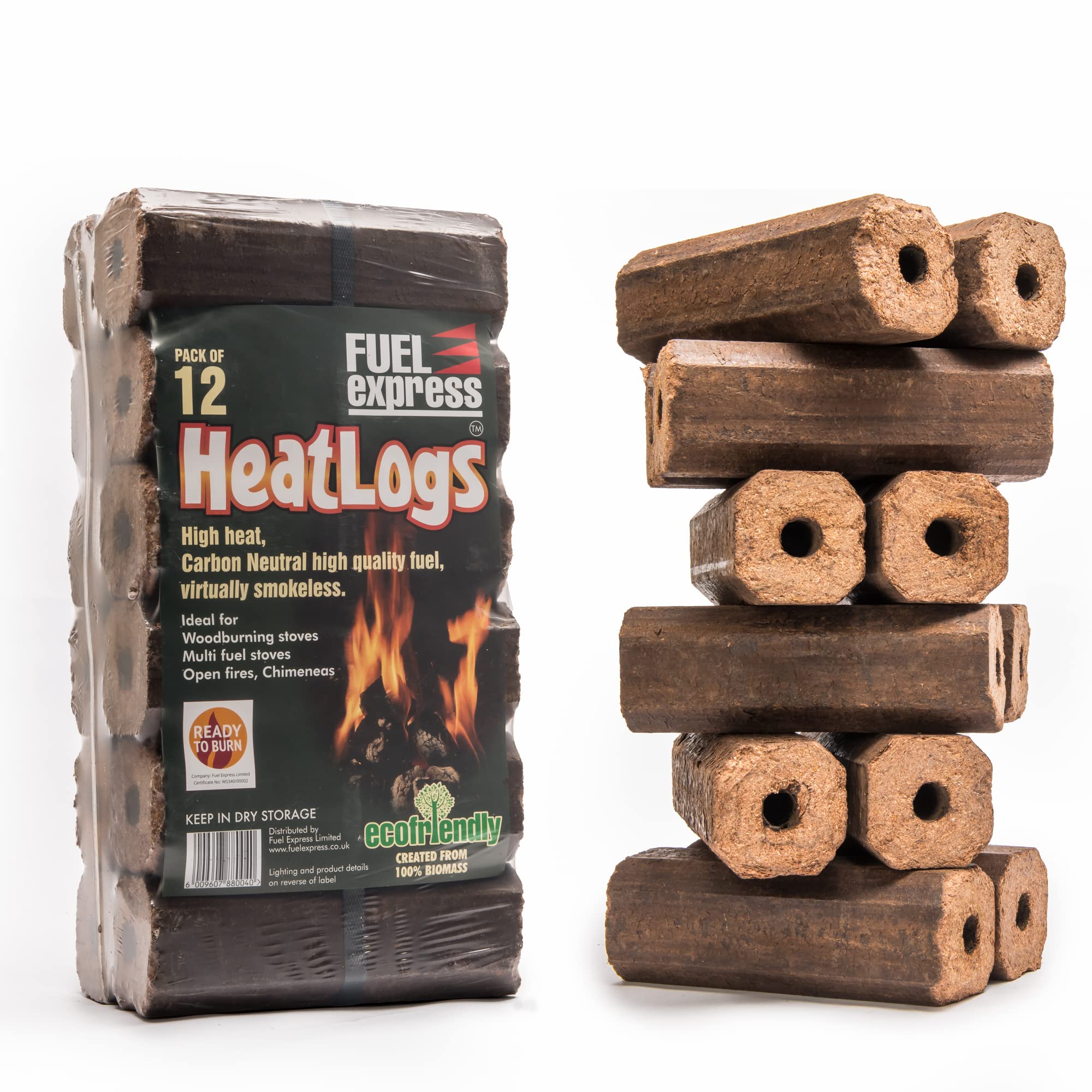 Fuel Express Heat Logs | High Energy Wood Fuel for Wood Burners, Open Fires, Chimineas | 12 Pack