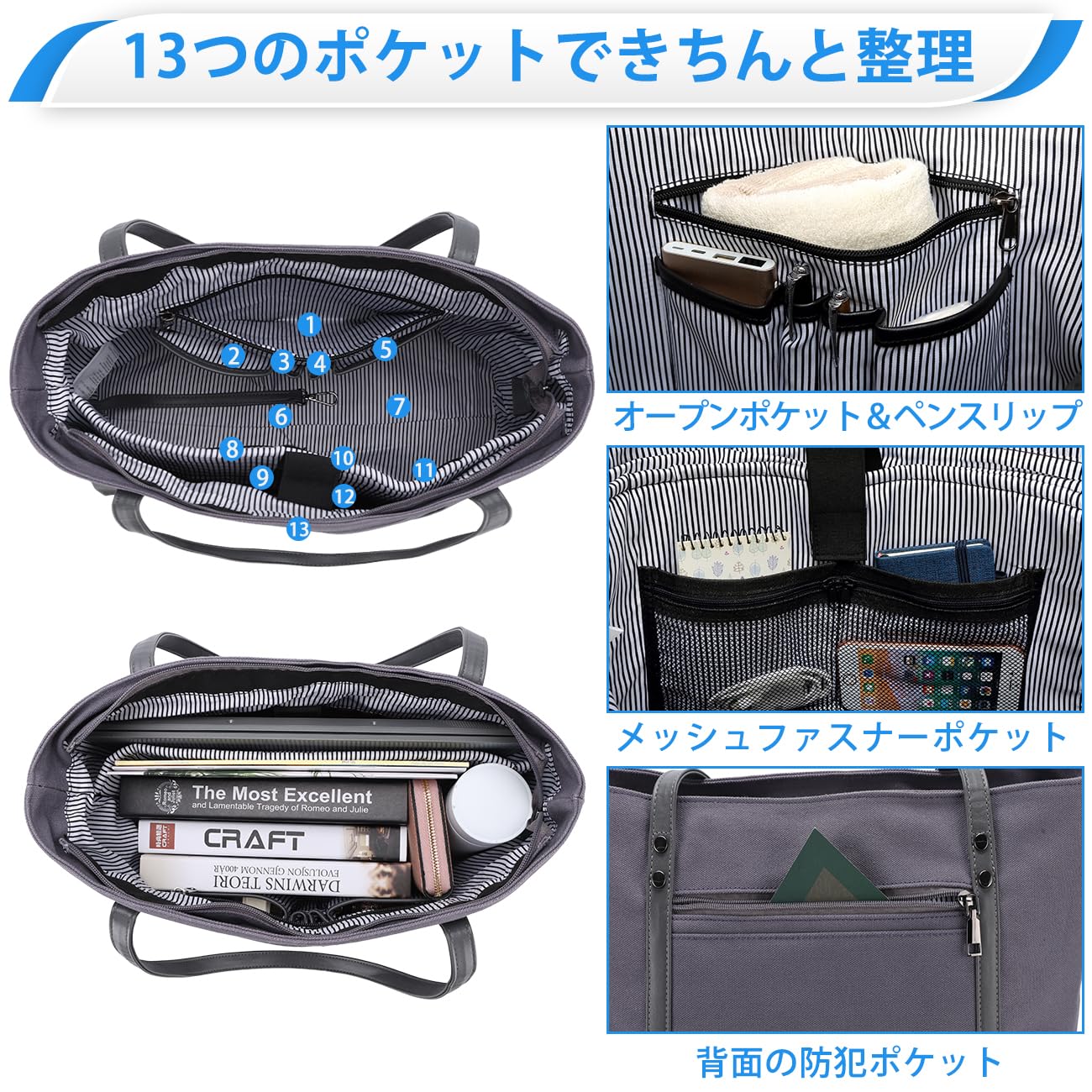 VASCHY Large Capacity Tote Bag, Women's, Business Bag, 15.6 Inch PC Bag, A4 Compatible, Handbag, Shopping Bag, For Work, Business Trips, Shoulder Bag, 2-Piece Set, Suitcase Belt Included, gray (dark