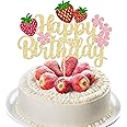 Ephlyn 1Pc Strawberry Happy Birthday Cake Topper Gold Glitter Flower Fruit Theme Birthday Berrry Cake Pick Decorations for Strawberry Theme Baby Shower Kids Birthday Party Cake Decorations Supplies