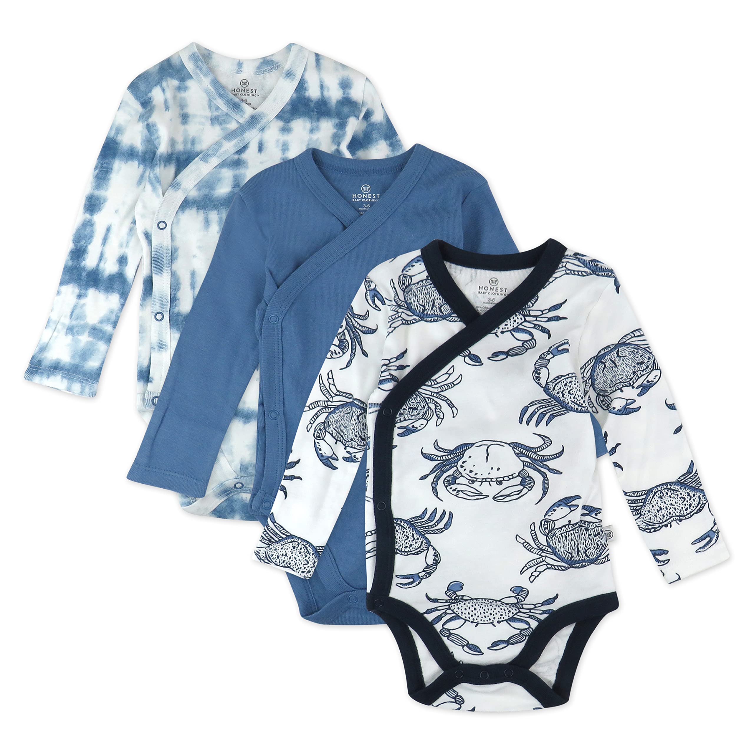 HonestBaby 3-Pack Organic Cotton Long Sleeve Side-Snap Kimono Onesies Bodysuits, Crabs Navy, 0-3 Months