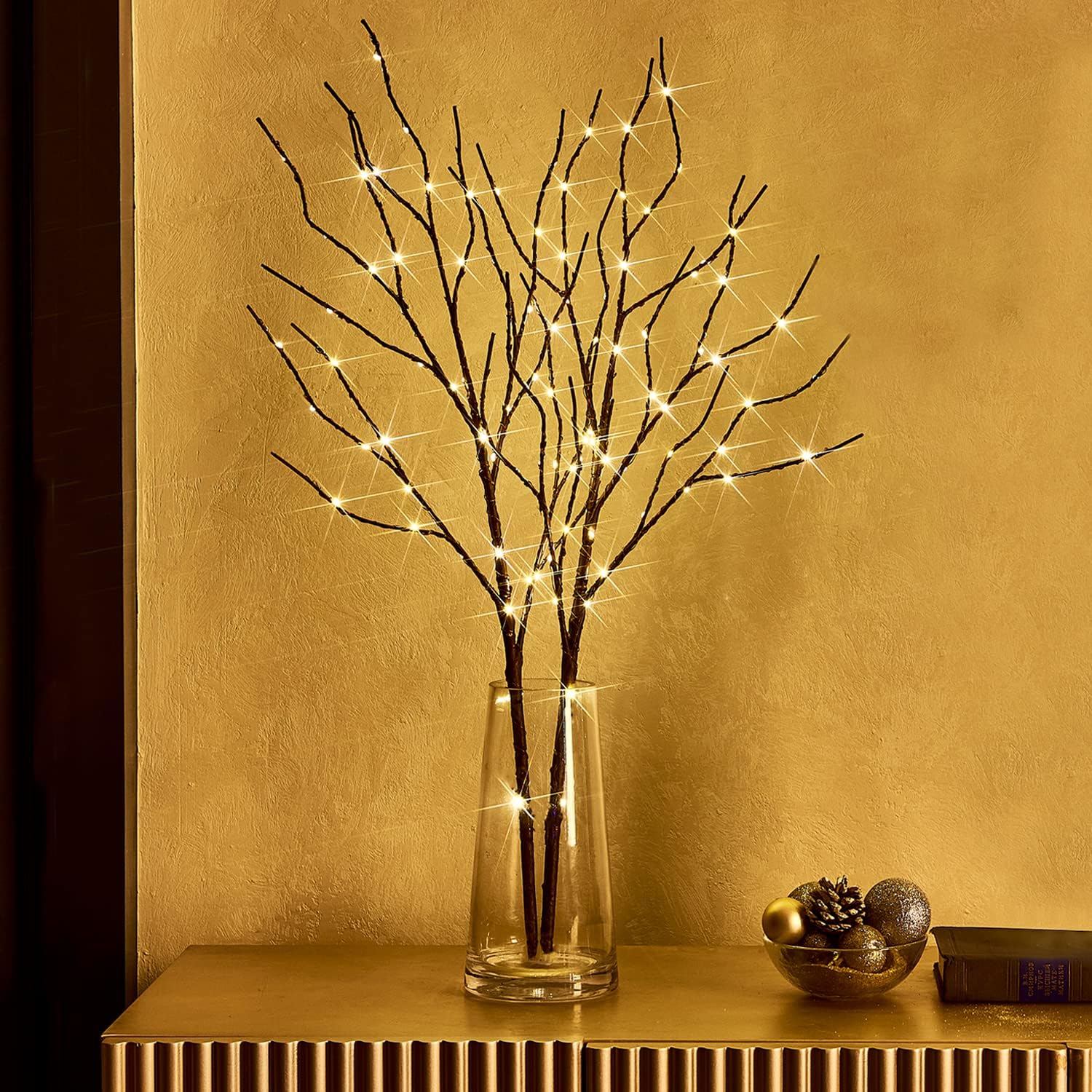String Lights - Fudios Lighted Twigs Branches for Vases Battery Operated with Timer 30in 100 LED,Artificial Brown Willow Branches with Lights for Home Party Decor