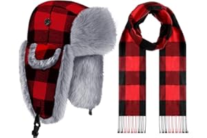 Geyoga 2 Pcs Winter Plaid Trapper Hat and Scarf Set with Faux Fur Ear Flaps Lumberjack Hat for Men Women