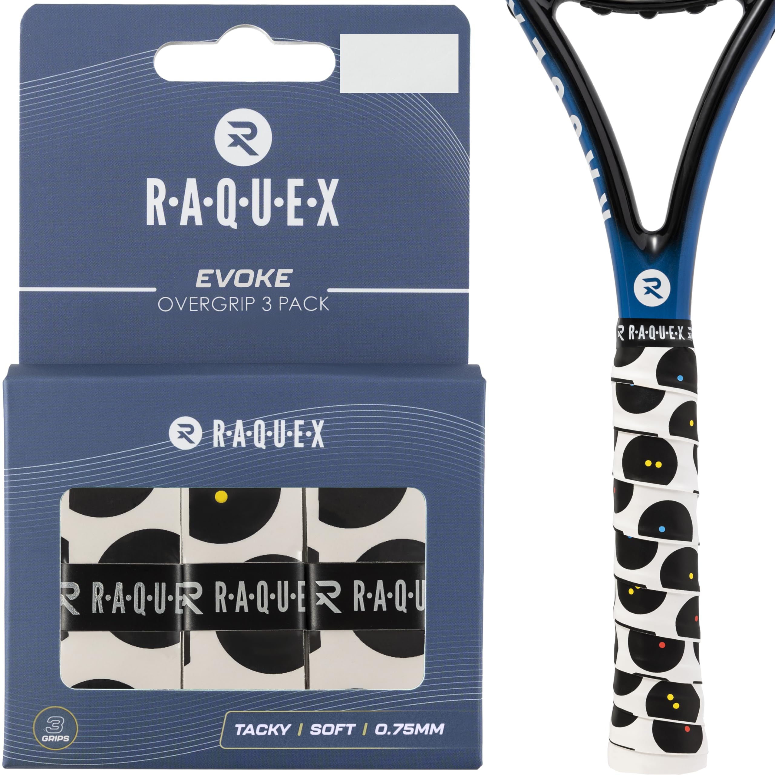 Raquex Evoke Overgrip Tape 3 Pack - Tennis Racket Grip Tapes (11 Designs) - Racquet Anti Slip Tape Overgrip for Tennis Rackets, Badminton, Squash, Padel. Finishing Tape Included