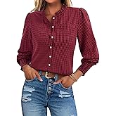 Uhiger Plaid Shirts for Women Button Down Shirt Ruffle Neck Long Sleeve Blouses Dressy Casual Gingham Tops with Chest Pockets