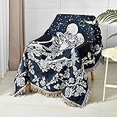 Shesyuki Boho Throw Blanket Reversible Cotton Bohemian Tapestry Hippie Room Decor Double Sided (Boho Skeleton Lover Moon Blue 50