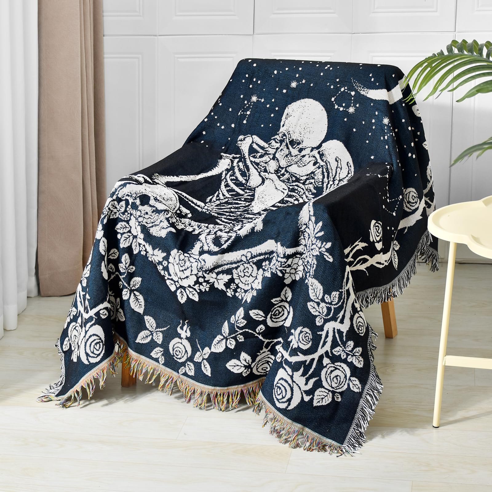 Shesyuki Boho Throw Blanket Reversible Cotton Bohemian Tapestry Hippie Room Decor Double Sided (BOHO Skeleton Lover Moon Blue 50"x60") — image 1