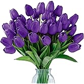 Sggvecsy 30 Pcs Fake Tulips Artificial Flowers Real Touch PU Faux Flowers Tulip Stems for Wedding Spring Bouquet Floral Arrangement Home Party Office Decorations for Mother's Day (Purple)