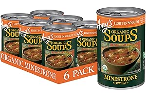 AMY'S Amy’s Soup, Vegan Minestrone, Light in Sodium, Made With Organic Vegetables, Beans and Pasta in Tomato Broth, Canned Soup, 14.1 Oz (6 Pack)