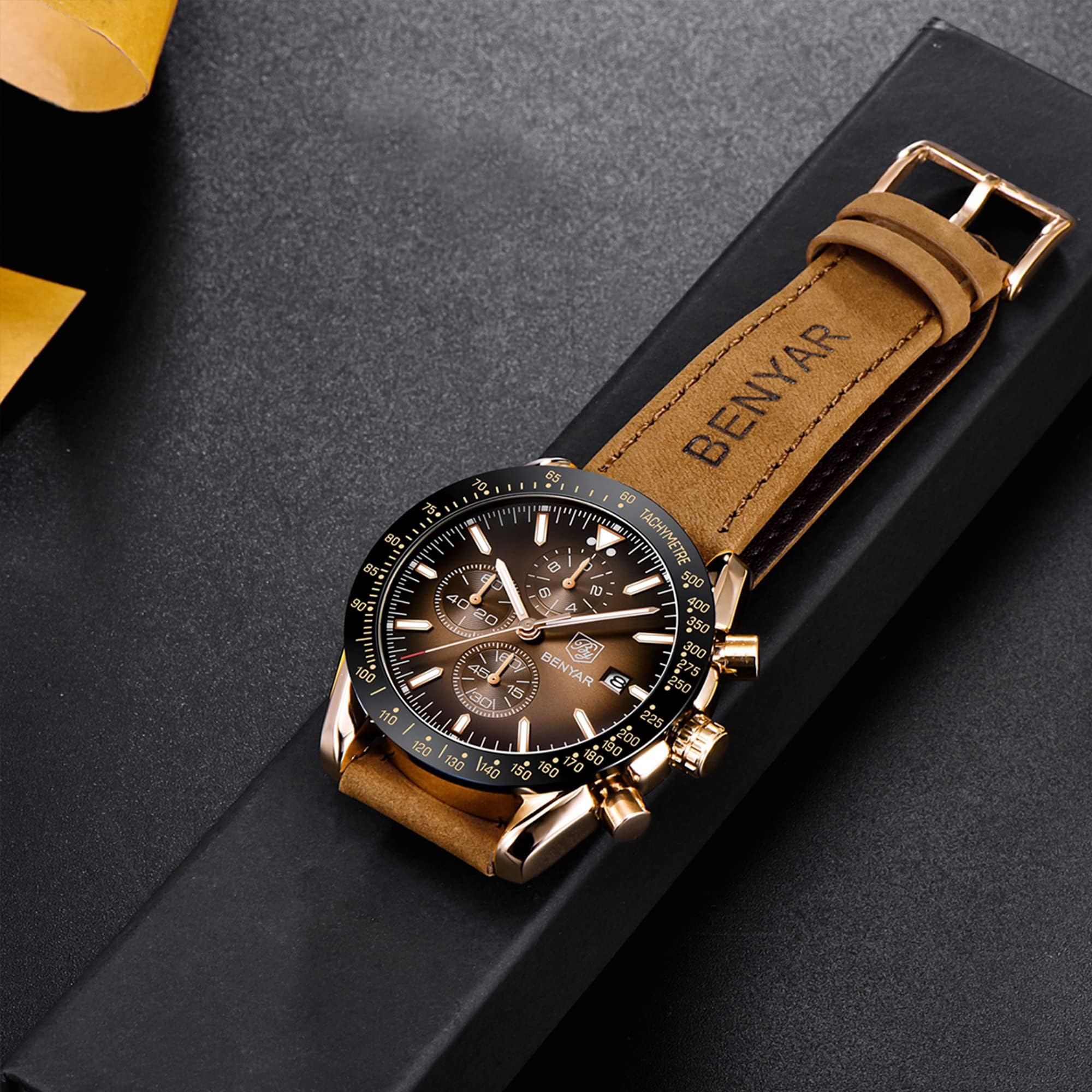 BY BENYAR Men's Chronograph Watch, Analog, Waterproof Up To 98.4 ft (30 m), Business, Simple, Fashionable, Popular, Formal, Leather Strap, Quartz, Gift for Men, Waterproof