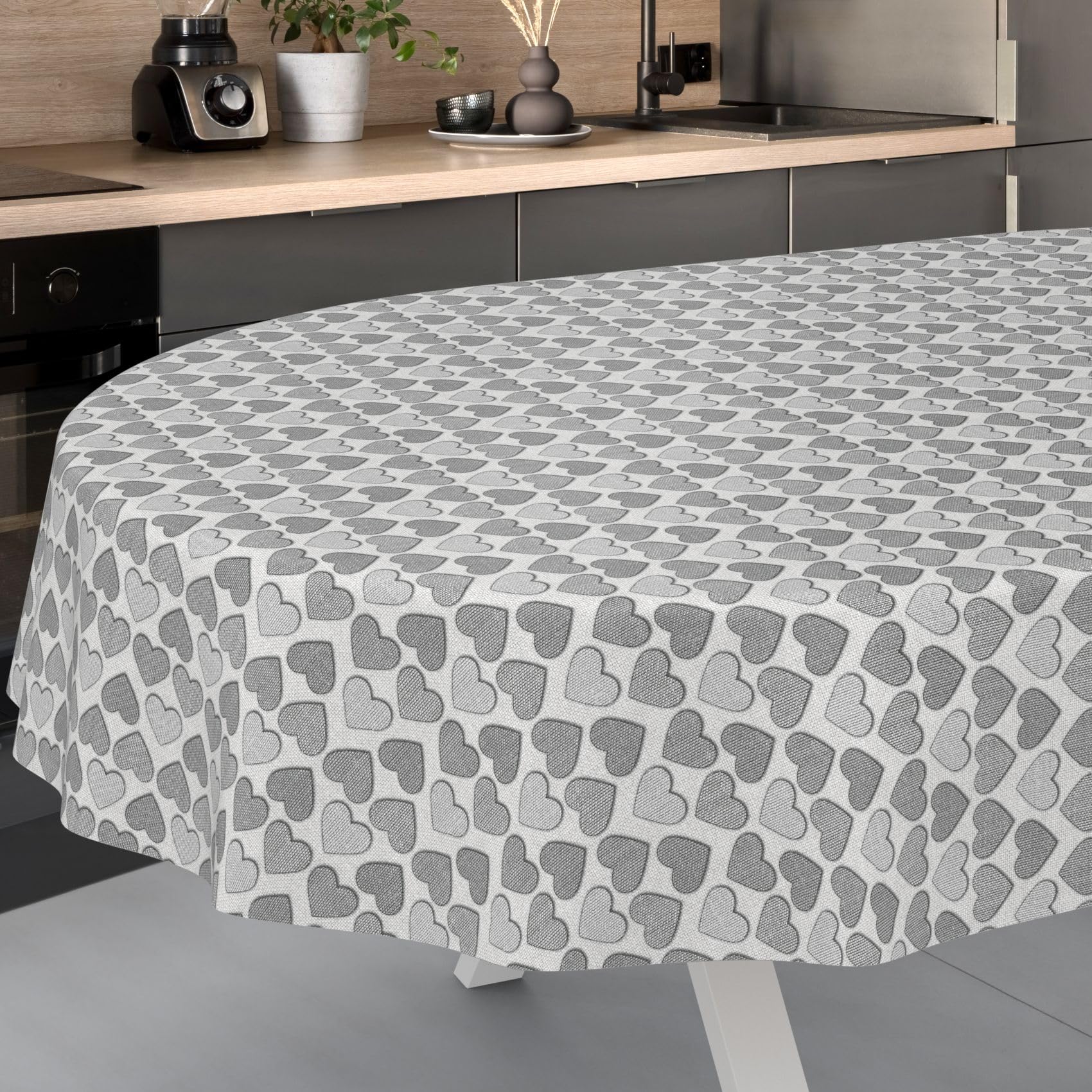 ANRO Oilcloth Tablecloth, Washable, Oilcloth, Garden Tablecloth, Outdoor, Indoor, Oval, 200 x 140 cm, Cut Edge, Heart, Grey