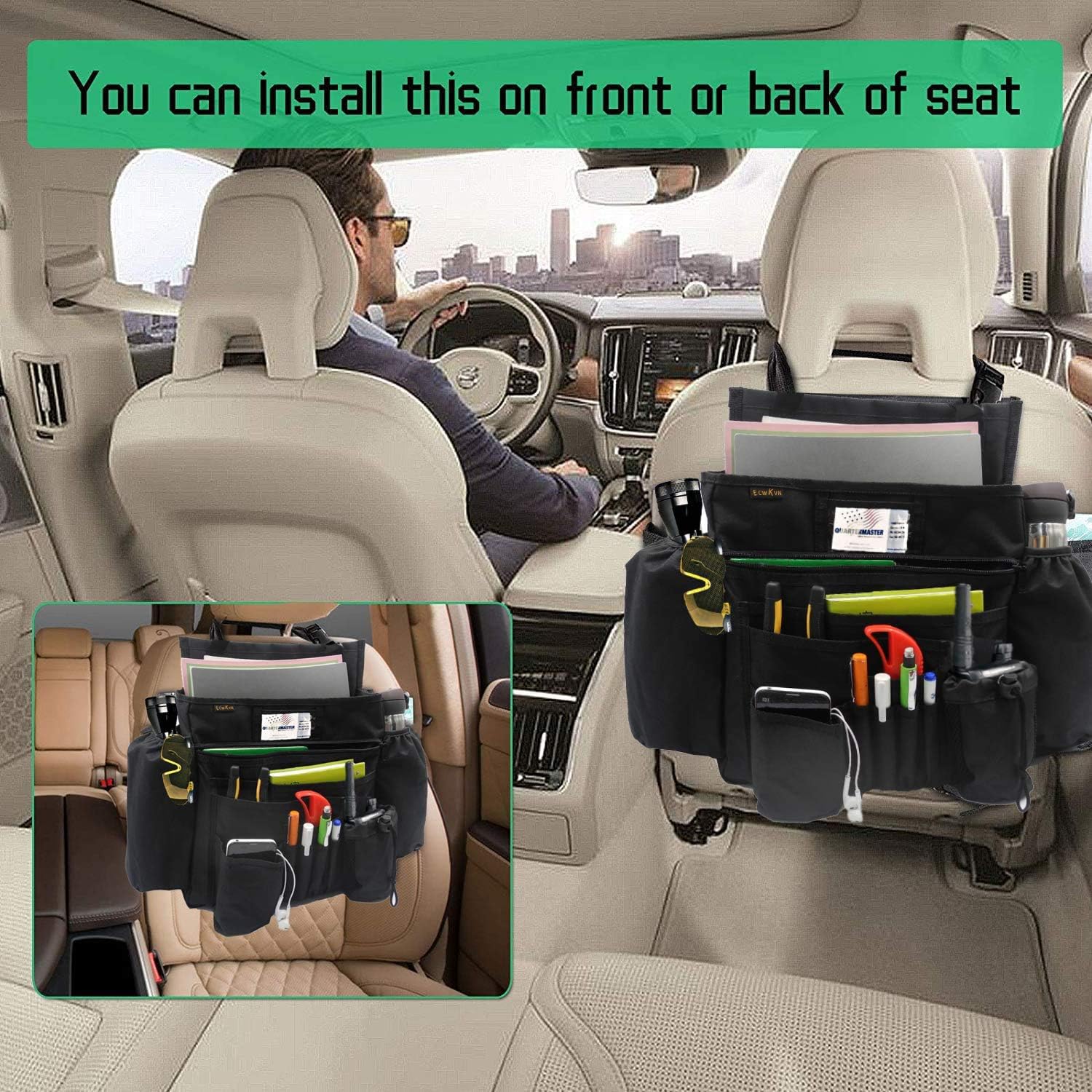 ECWKVN Car Front Seat Organiser -Car File Patrol Bag,Heavy Duty Passenger Tidy Backseat Organiser-Vehicle Storage Bag with 10 Multi Pockets for Laptops Tablet Cup Holder,Black - Image 5