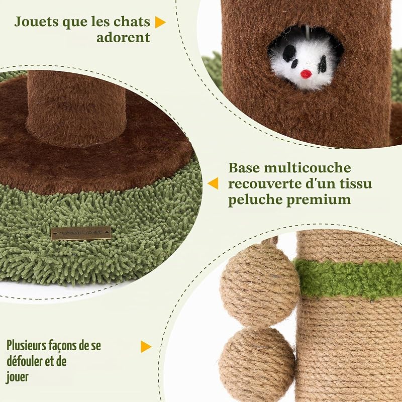 Poteau à griffer pour chat de 89 cm avec trou de rat et corde en sisal pour chat adulte et chaton, vert