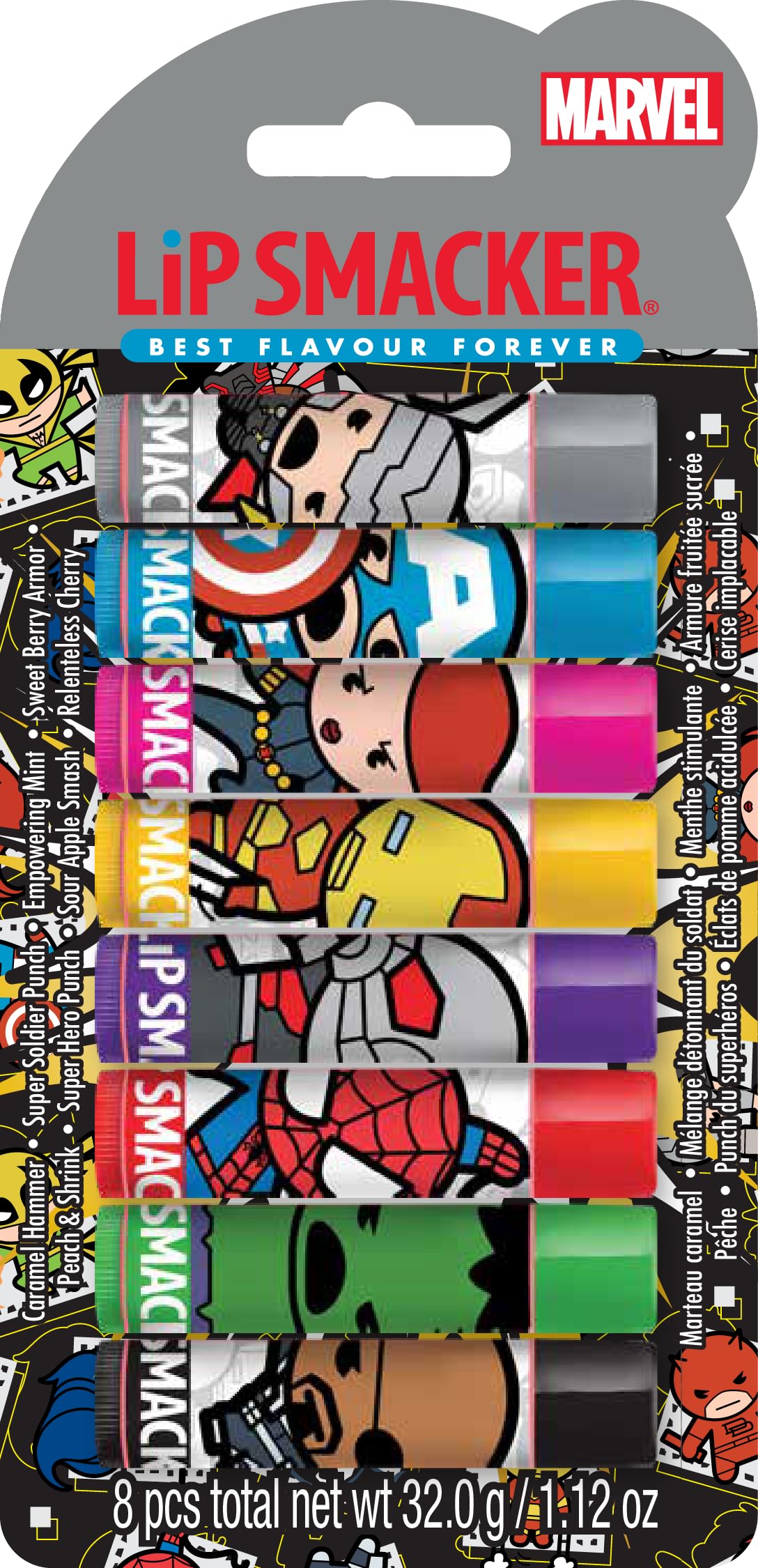 Lip Smacker Marvel Collection, The Avengers Party Pack, 8 Flavoured Lip Balms for Kids Inspired by Avengers Superheroes, Moisturizing and Refreshing