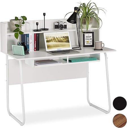 Relaxdays Desk With Shelving Above Below Cable Hole H X W X D 109 X 120 X 60 Cm White Amazon Co Uk Kitchen Home