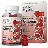 Wild & Organic Panax Ginseng Gummies 1500 mg - Korean Red Ginseng Supplement - Vegan, Non-GMO Root Powder Based Chews - 60 Count