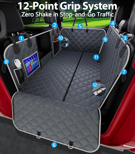 PETGENIE DOG CAR SEAT COVER FOR BACK SEAT 10-LAYER MILITARY-GRADE PROTECTION, HARD BOTTOM DOG HAMMOCK, PET BED EXTENDER FOR DOGS, WATERPROOF SEAT PROTECTOR UNIVERSAL L SIZE FITS FOR SUV MEDIUM TRUCK