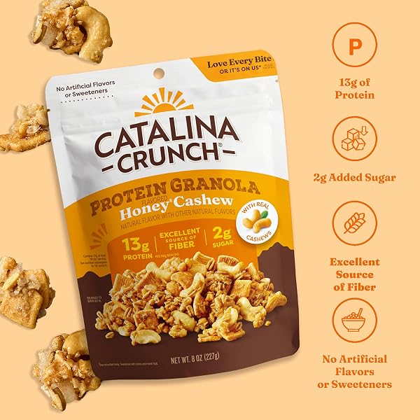 CATALINA CRUNCH PROTEIN GRANOLA – LOW SUGAR BREAKFAST CEREAL WITH 13G OF PROTEIN – GLUTEN FREE, KETO FRIENDLY – HONEY CASHEW – 8 OZ. BAG (PACK OF 1)