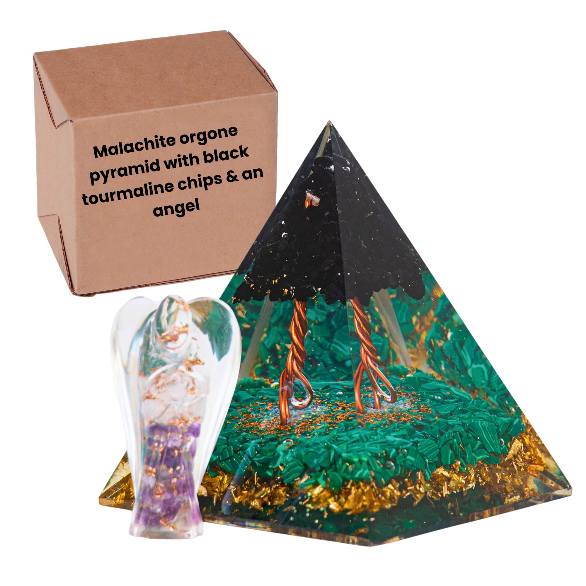 ZAARIYA Malachite Orgone Pyramid With Black Tourmaline Chips & an Angel for Chakra Energy Healing, Yoga, Meditation, Room Decor, New year & Good Luck Gifting (4.5 x 3 x 3 Inches)