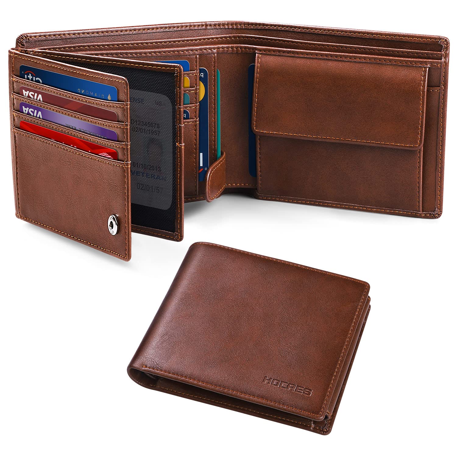 HOCRES® Wallets for Mens RFID Blocking Leather Slim Wallet with 15 Credit Card Holders, 2 Banknote Compartments & 2 ID Window Minimalist Wallets with Gift Box