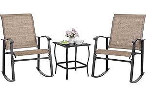 Shintenchi Rocking Chair Outdoor with Table, 3 Piece Rocking Patio Bistro Set, Outdoor Furniture Set with Metal Frame and Textilene Fabric for Small Space, Brown